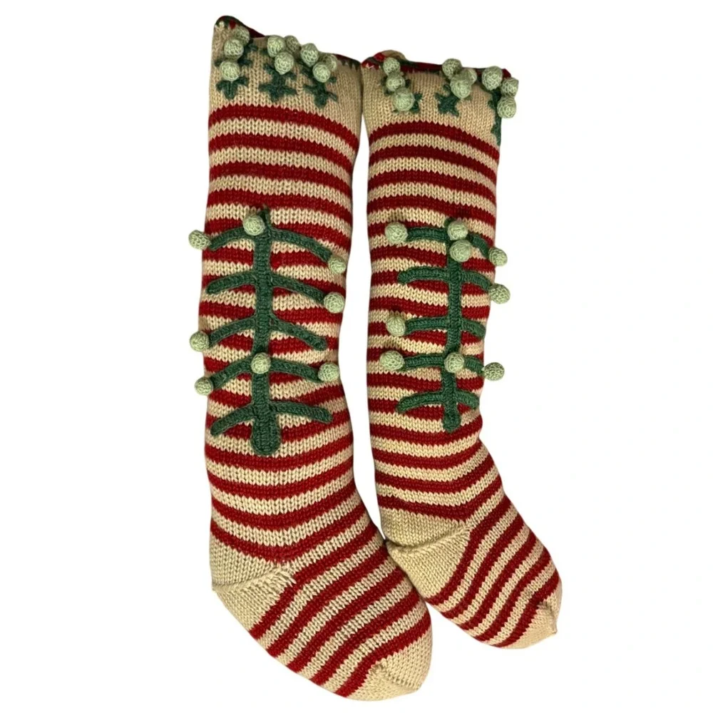 Handmade Holiday Stocking Pillows Red Cream Striped Grandmacore Decor Pair 22